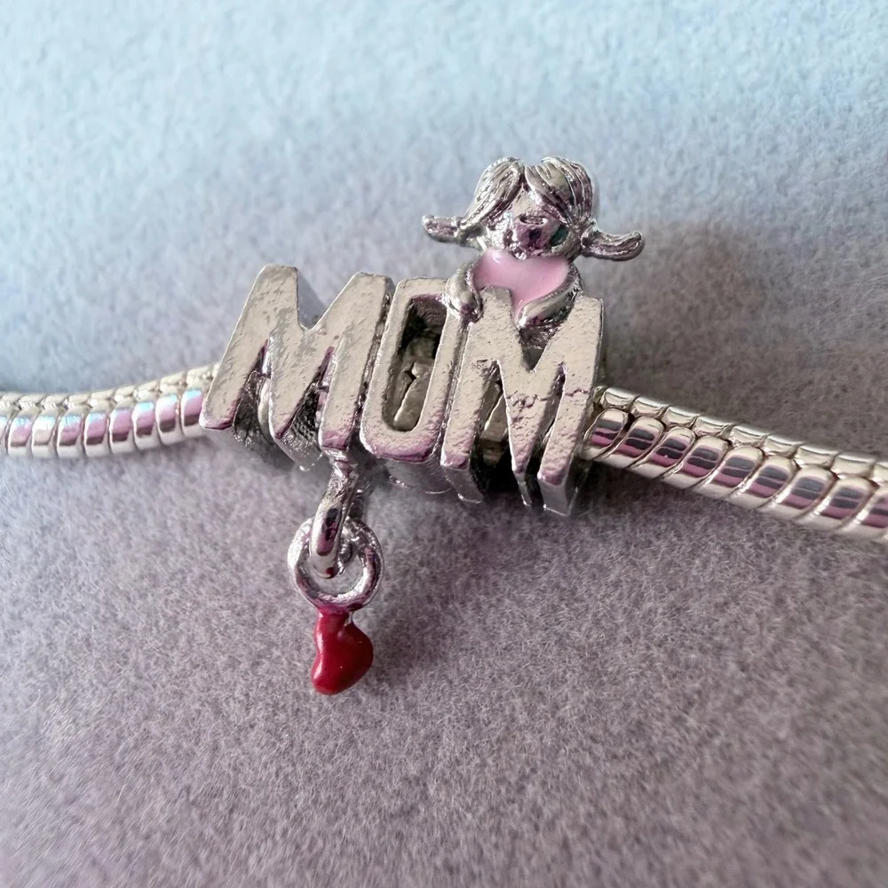 MOM Silver Girl Pink Red Heart Dangle Charm fits PANDORA